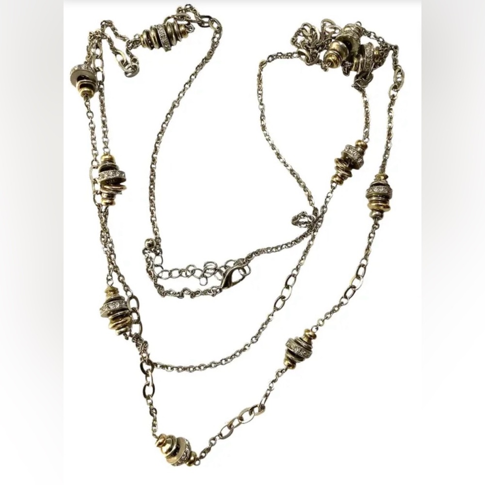 Loft Necklace Double Strand Layered Two Tone Silver Gold Rhinestones Beaded